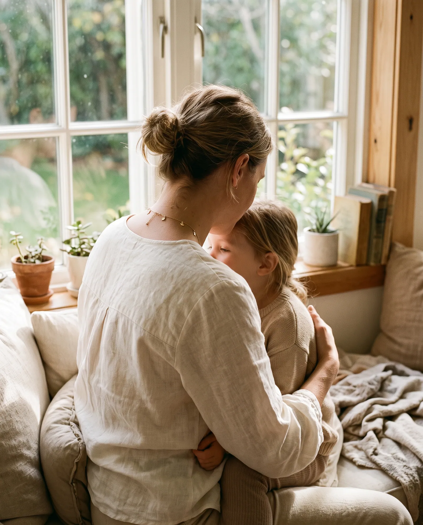 A mother and daughter by a window, the mother wearing a family charm necklace
