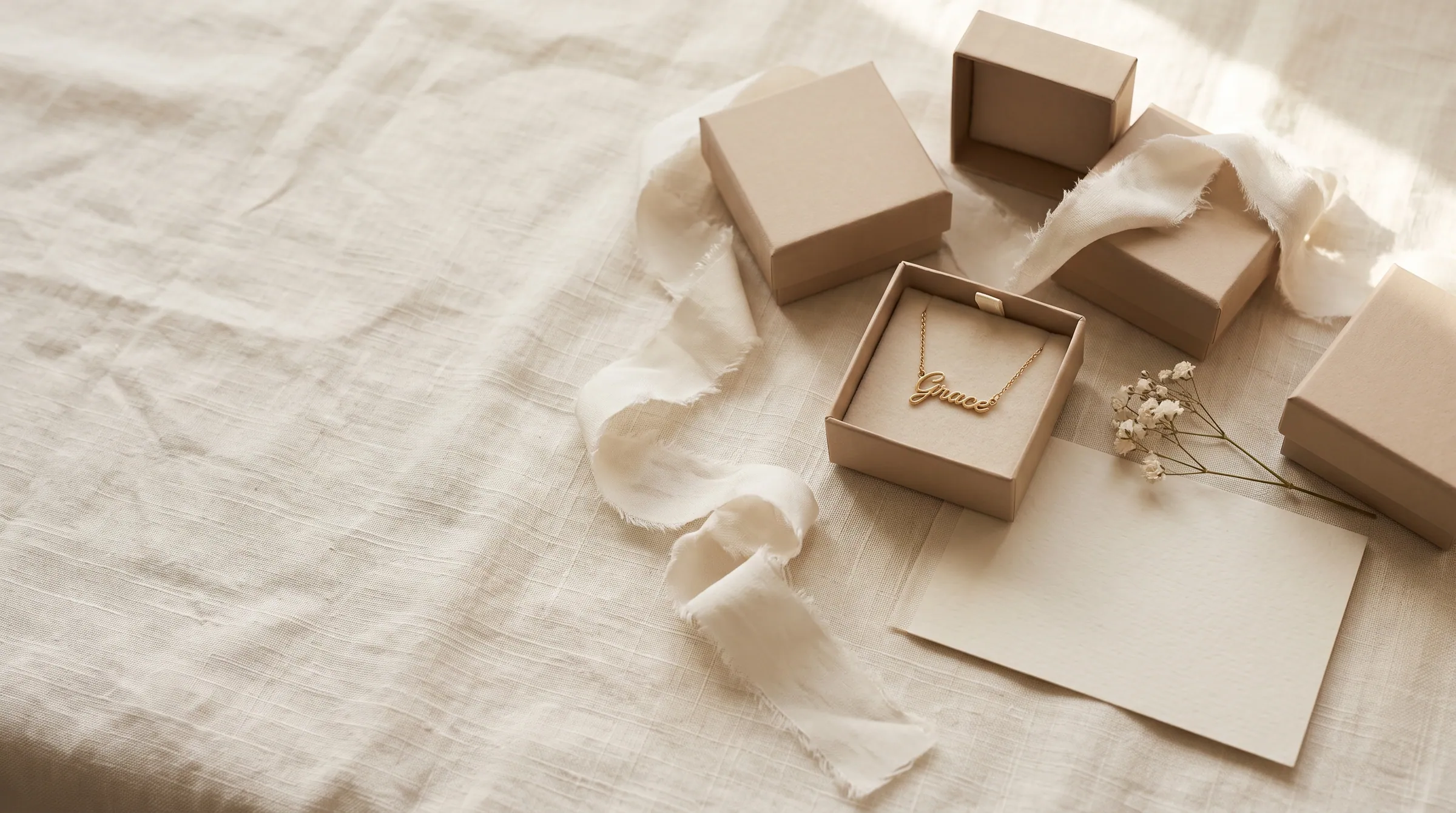 Beige jewelry gift boxes with an ivory ribbon and a name necklace on linen