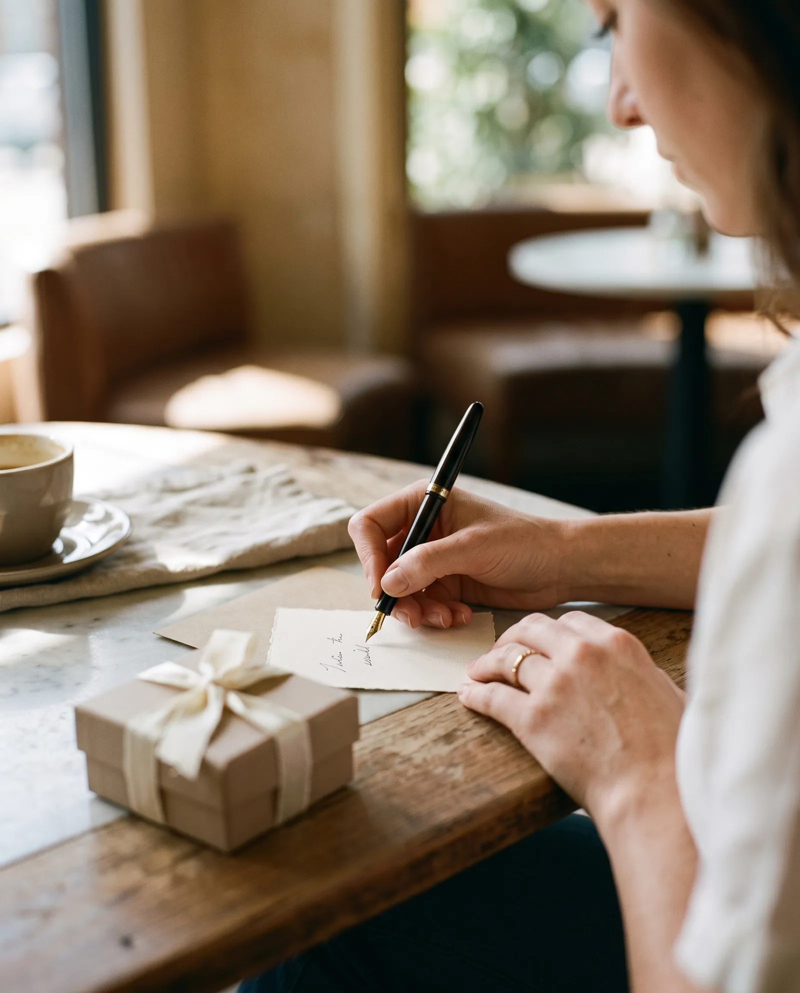 A woman writing a note beside a small wrapped jewelry box