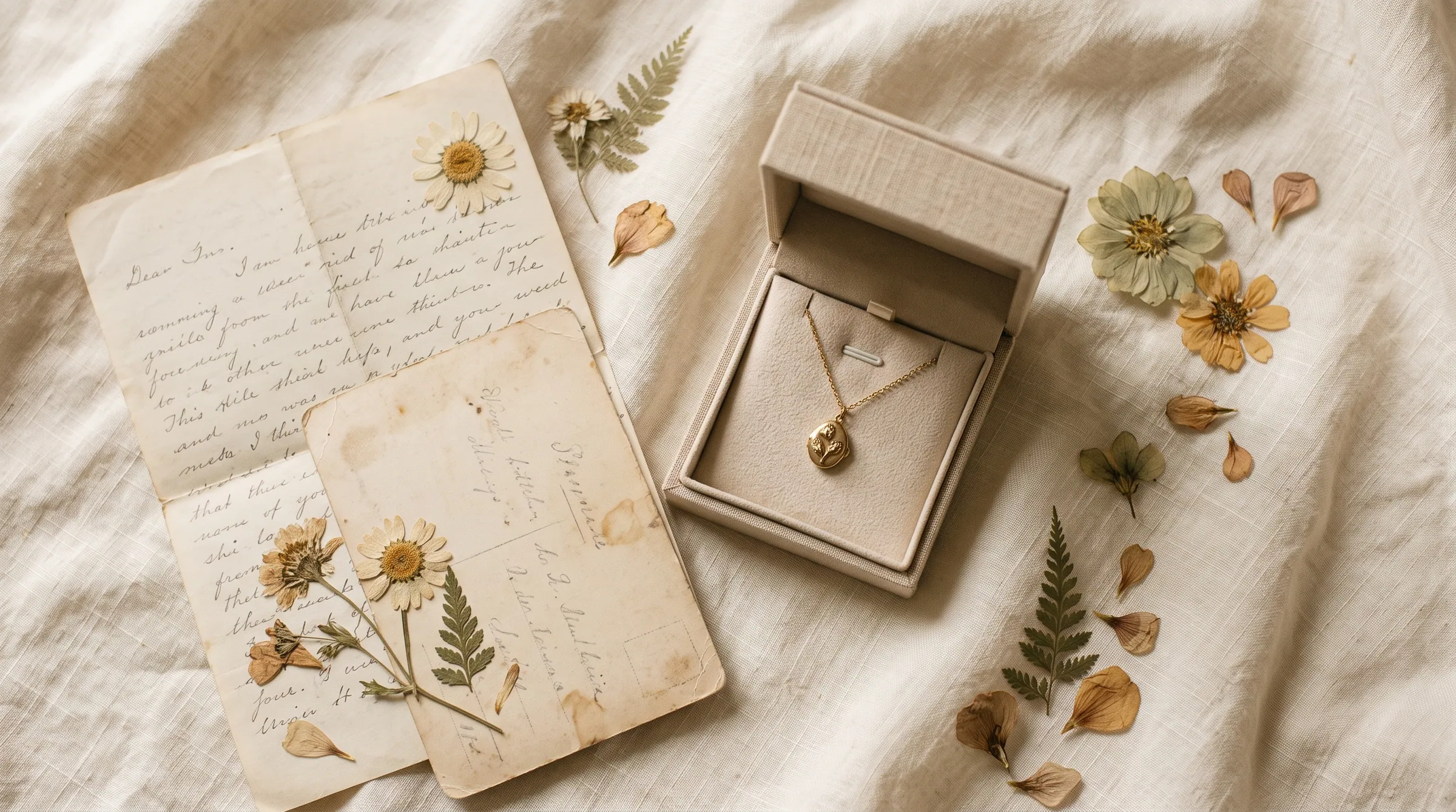 Pressed flowers, handwritten letters and a small jewelry box on ivory linen