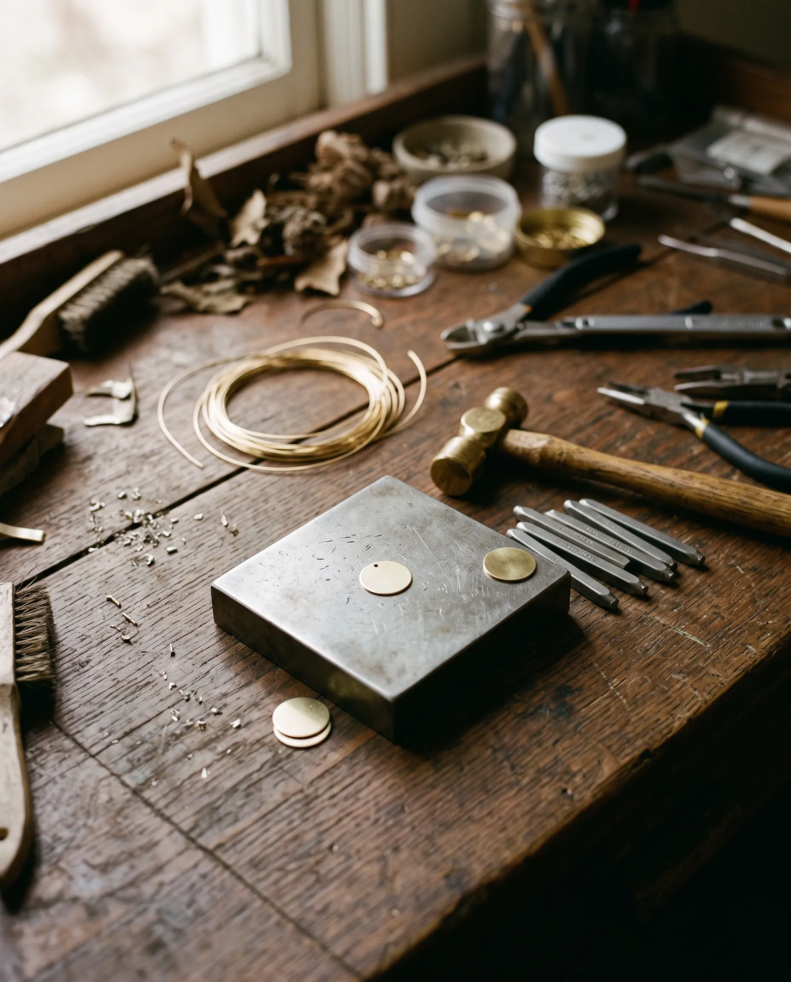 A jewelry workbench with stamping tools, wire and brass discs