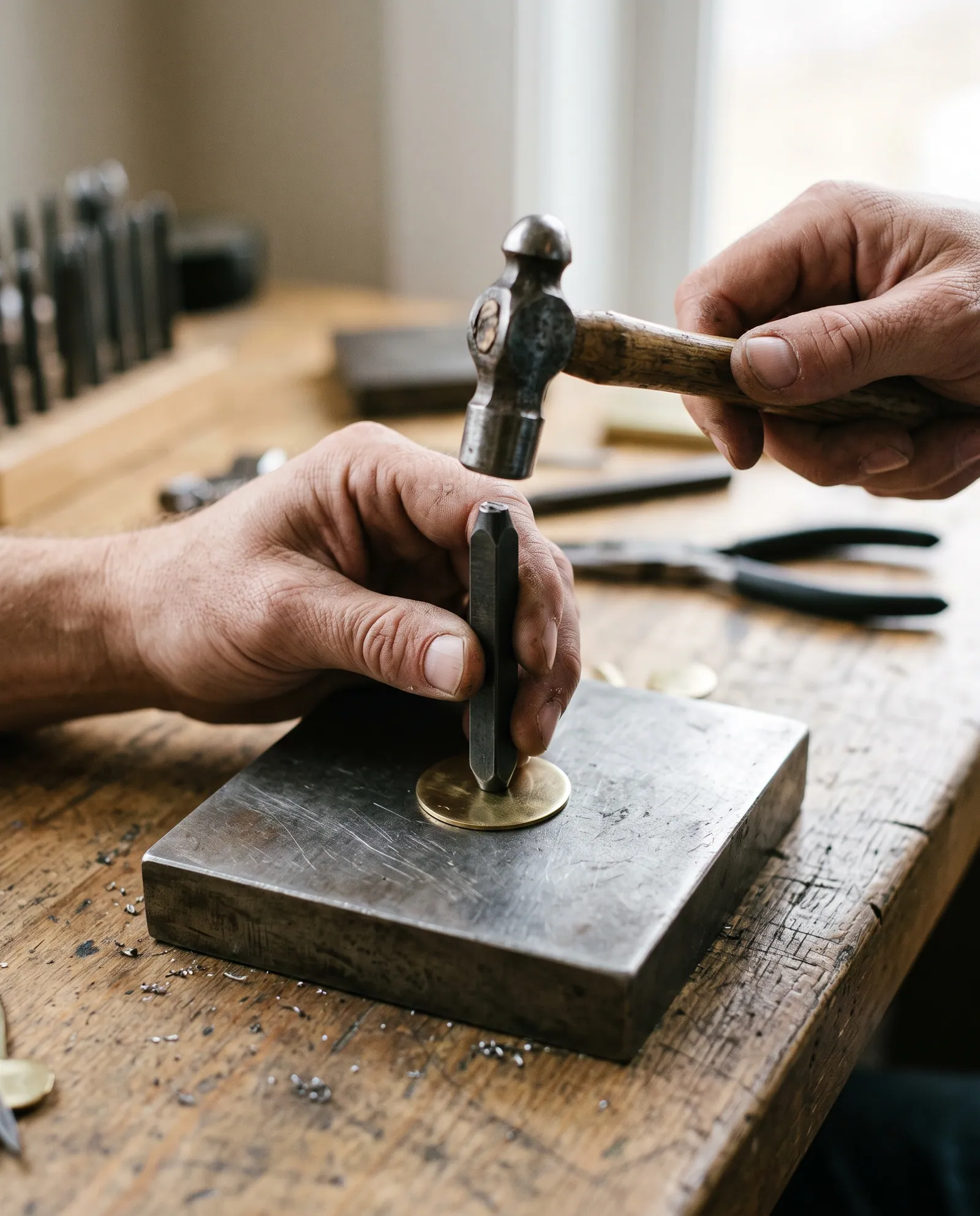 Hands stamping a letter into a brass disc