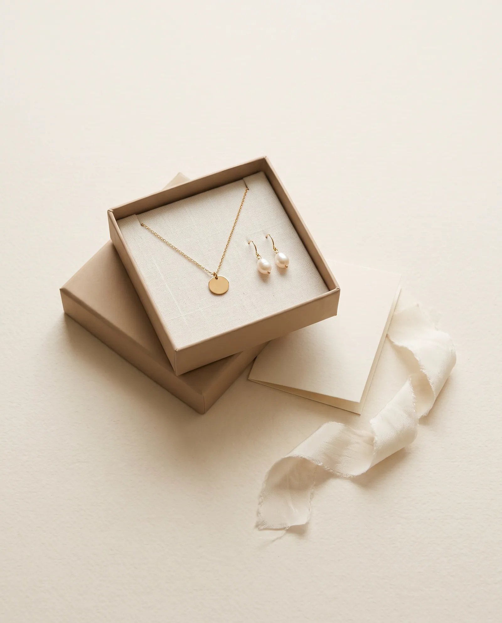 Open beige gift box holding a gold-tone name necklace and pearl drop earrings with a blank note card