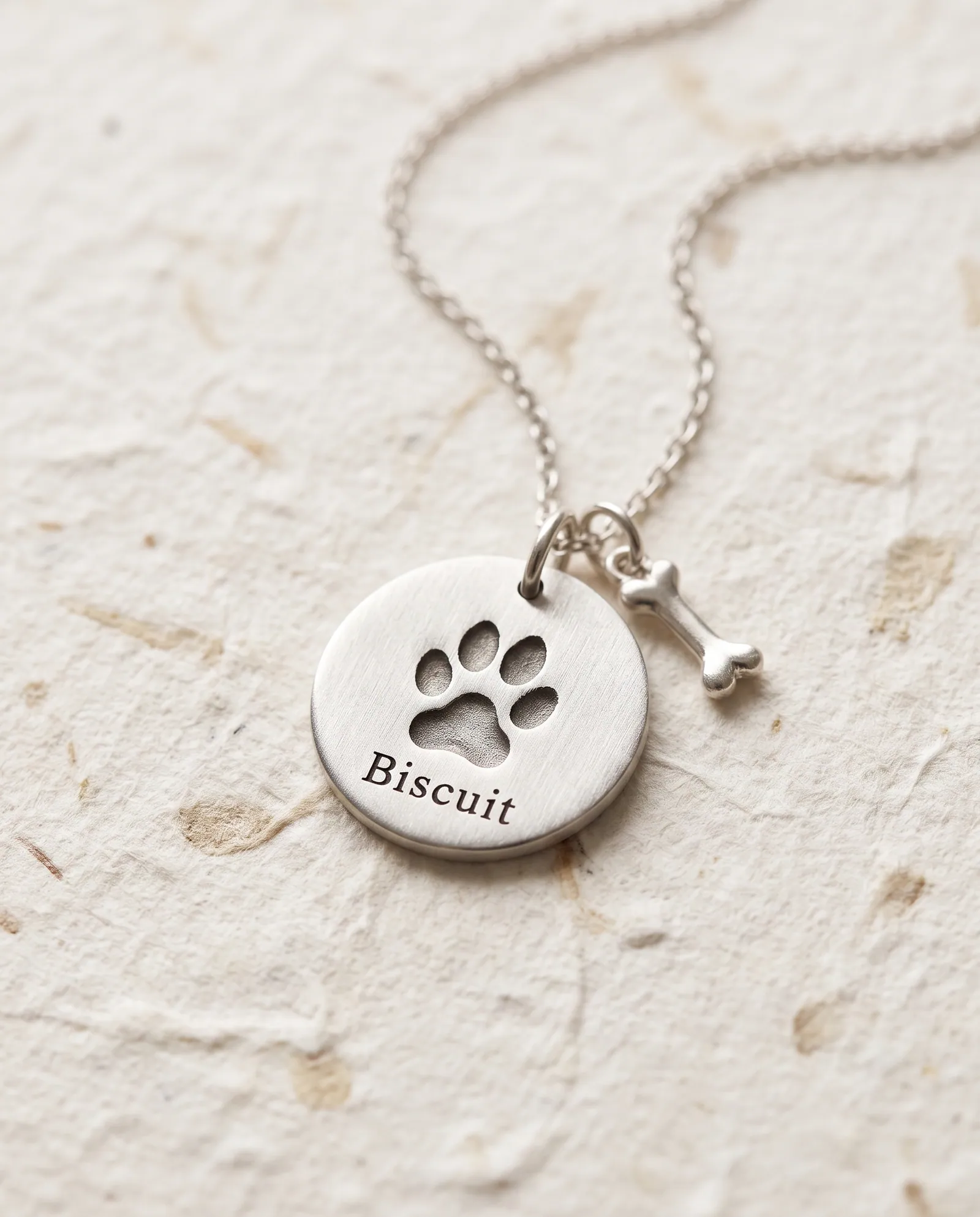 Silver-tone disc pendant engraved with a paw print and the name Biscuit, with a small bone charm