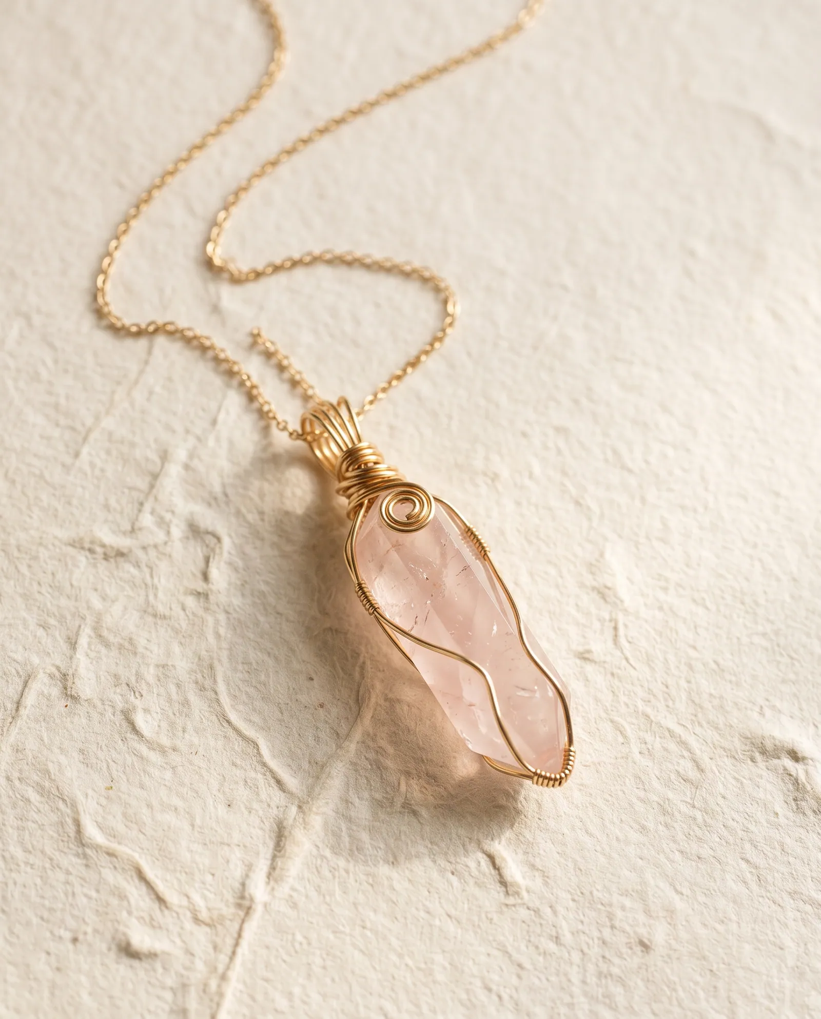 Rose quartz crystal point hand-wrapped in gold-tone wire on a fine chain